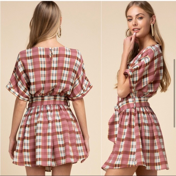 Mauve plaid belted woven lightweight mini dress - Picture 2 of 3